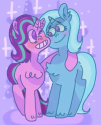 Size: 944x1170 | Tagged: safe, artist:cookie-munch, derpibooru import, starlight glimmer, trixie, pony, unicorn, abstract background, blushing, chest fluff, female, hoof around neck, hug, lesbian, shipping, side hug, smiling, startrix, unshorn fetlocks