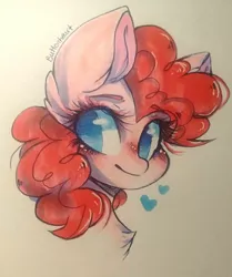 Size: 1280x1532 | Tagged: safe, artist:buttonheart, derpibooru import, pinkie pie, pony, blushing, bust, chest fluff, cute, diapinkes, ear fluff, heart, looking at something, marker drawing, no pupils, portrait, simple background, smiling, solo, traditional art, white background
