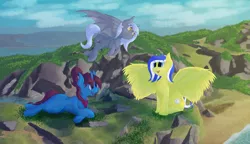 Size: 2310x1335 | Tagged: safe, artist:ruby dusk, derpibooru import, oc, oc:altus bastion, oc:lemon frost, oc:lucent, oc:panne, unofficial characters only, bat pony, pegasus, pony, unicorn, giant pony, macro, spread wings, wings