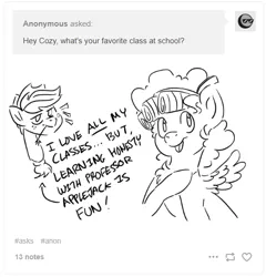 Size: 514x536 | Tagged: safe, derpibooru import, applejack, cozy glow, earth pony, pegasus, pony, ask cozy glow, ask, blatant lies, female, filly, hilarious in hindsight, lineart, monochrome, school of friendship, straw in mouth, tumblr