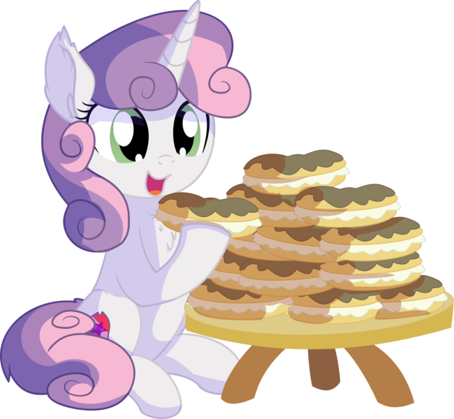 Size: 7017x6479 | Tagged: safe, artist:cyanlightning, derpibooru import, sweetie belle, pony, unicorn, .svg available, absurd resolution, chest fluff, cute, cutie mark, diasweetes, ear fluff, eating, eclair, female, filly, food, hair, open mouth, simple background, sitting, solo, table, the cmc's cutie marks, this will end in weight gain, transparent background, vector
