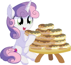 Size: 7017x6479 | Tagged: safe, artist:cyanlightning, derpibooru import, sweetie belle, pony, unicorn, .svg available, absurd resolution, chest fluff, cute, cutie mark, diasweetes, ear fluff, eating, eclair, female, filly, food, hair, open mouth, simple background, sitting, solo, table, the cmc's cutie marks, this will end in weight gain, transparent background, vector