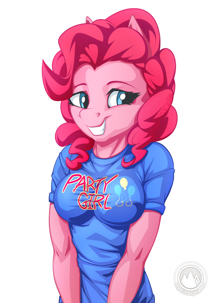 Size: 955x1351 | Tagged: safe, artist:mysticalpha, derpibooru import, pinkie pie, anthro, earth pony, breasts, busty pinkie pie, clothes, female, mare, shirt, smiling, solo, t-shirt