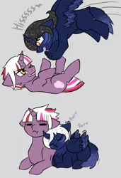 Size: 1944x2844 | Tagged: safe, artist:jolliapplegirl, derpibooru import, oc, oc:desert moon, oc:hazy sky, unofficial characters only, alicorn, pony, sphinx, unicorn, adopted offspring, alicorn oc, behaving like a cat, colt, curved horn, female, filly, foal, horn, interspecies offspring, male, next generation, offspring, parent:oc:asra, parent:princess luna, parent:unnamed oc, parents:canon x oc, ponyloaf, pounce, purring, scratch mark, scratches, sphinx oc, wings