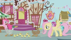 Size: 1280x720 | Tagged: safe, derpibooru import, screencap, berry punch, berryshine, fluttershy, pinkie pie, spring melody, sprinkle medley, twinkleshine, bird, duck, mallard, pony, griffon the brush off, bonus ducks, duckling, sugarcube corner