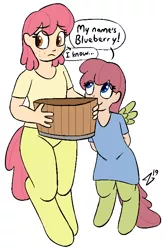 Size: 509x767 | Tagged: safe, artist:heretichesh, derpibooru import, oc, oc:blueberry, oc:passionfruit, unofficial characters only, earth pony, pegasus, pony, satyr, basket, clothes, dialogue, dress, female, freckles, offspring, parent:oc:peach, siblings, simple background, sisters, white background, wings