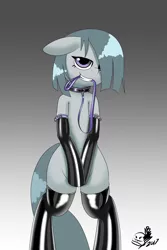 Size: 889x1334 | Tagged: suggestive, alternate version, artist:angryburger, derpibooru import, part of a set, marble pie, semi-anthro, alternate hairstyle, bedroom eyes, bipedal, clothes, collar, covering, female, femsub, floppy ears, gradient background, gray background, grin, hair over one eye, image, jpeg, latex, latex socks, leash, lonely inky, mouth hold, pet play, simple background, smiling, socks, solo, solo female, submissive, teasing