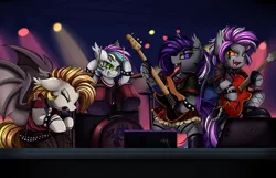 Size: 2900x1868 | Tagged: safe, artist:pridark, derpibooru import, oc, oc:azalea veil, oc:celestial aegis, oc:eclaircie, oc:stormy night, unofficial characters only, bat pony, pony, badass, band, bass guitar, bat pony oc, bat wings, bipedal, clothes, commission, concert, drum kit, drums, drumsticks, electric guitar, eyes closed, guitar, hoof hold, microphone, musical instrument, open mouth, plaid skirt, singing, skirt, spotlight, stage, wings