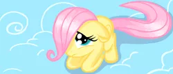 Size: 1366x590 | Tagged: safe, artist:xrainbowicecreamx, derpibooru import, fluttershy, pegasus, pony, the cutie mark chronicles, cloud, cute, daaaaaaaaaaaw, female, filly, filly fluttershy, frown, hair over one eye, hnnng, mare, shy, shyabetes, solo, younger