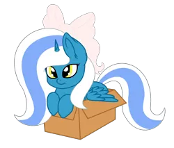 Size: 1717x1461 | Tagged: safe, artist:princeduskstripe, derpibooru import, oc, oc:fleurbelle, unofficial characters only, alicorn, pony, alicorn oc, base used, bow, box, female, hair bow, happy, horn, mare, pony in a box, ribbon, simple background, transparent background, wings, yellow eyes