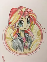 Size: 1536x2048 | Tagged: safe, artist:sararichard, derpibooru import, sunset shimmer, equestria girls, clothes, female, jacket, leather jacket, solo, traditional art