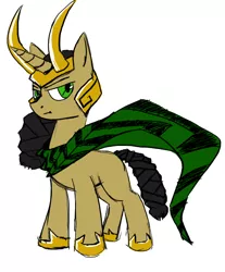 Size: 494x597 | Tagged: safe, artist:sawhorse, derpibooru import, ponified, earth pony, pony, braid, braided tail, cape, clothes, helmet, hoof shoes, horned helmet, loki, marvel cinematic universe, simple background, solo, white background