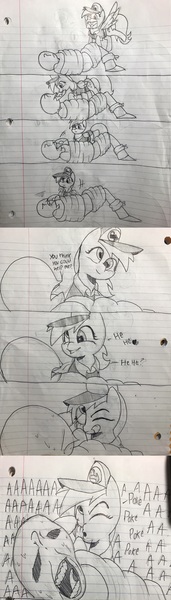 Size: 1541x5393 | Tagged: artist needed, safe, derpibooru import, derpy hooves, oc, oc:anon, pony, /mlp/, aaaaaaaaaa, bound, drawthread, eye poke, letter, lined paper, traditional art