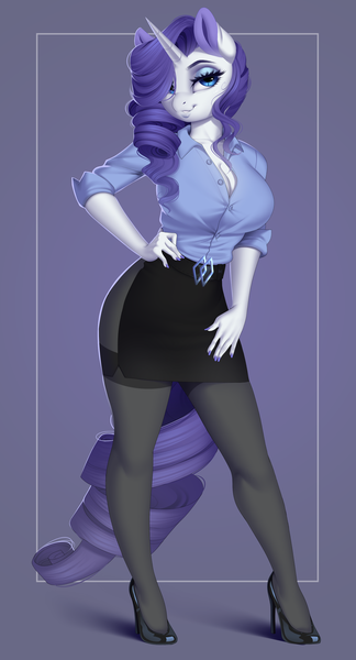 Size: 2055x3800 | Tagged: safe, artist:evehly, derpibooru import, rarity, anthro, plantigrade anthro, unicorn, beautiful, big breasts, blouse, breasts, busty rarity, cleavage, clothes, female, hair over one eye, hand on hip, high heels, huge breasts, legs, looking at you, mare, miniskirt, nail polish, pantyhose, sexy, shoes, side slit, skirt, solo