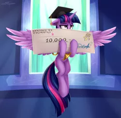 Size: 3000x2911 | Tagged: safe, artist:setharu, derpibooru import, twilight sparkle, twilight sparkle (alicorn), alicorn, pony, the beginning of the end, check, daedric script, female, giant check, graduation cap, hat, scene interpretation, solo, the elder scrolls, trophy, twilight is not amused, unamused