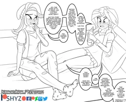 Size: 1200x975 | Tagged: suggestive, artist:pshyzomancer, derpibooru import, starlight glimmer, sunset shimmer, equestria girls, black and white, blushing, breasts, clothes, dialogue, explicit text, feet, feet on table, grayscale, lineart, monochrome, sitting, sitting on person, socks, text, vulgar