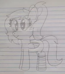 Size: 425x484 | Tagged: safe, artist:nightshadowmlp, derpibooru import, oc, oc:circus paparazzi, pegasus, pony, bow, clothes, female, hair bow, lined paper, mare, smiling, socks, solo, traditional art, wings