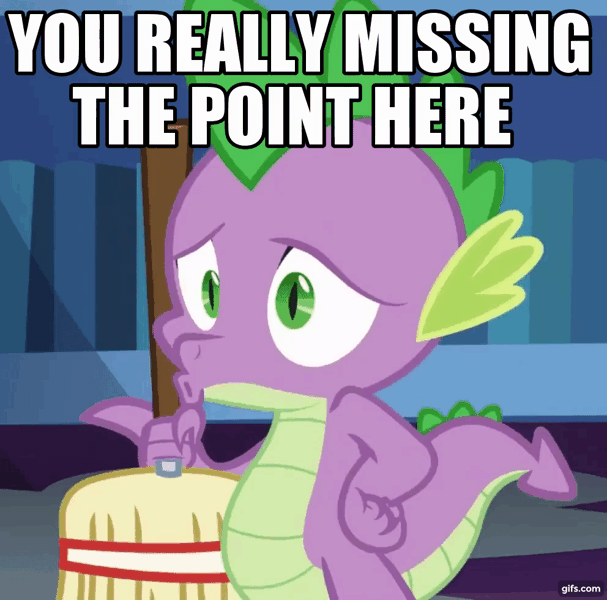 Size: 992x980 | Tagged: animated, broom, caption, derpibooru import, disappointed, dragon, edit, edited screencap, every little thing she does, gif, gifs.com, grammar error, image macro, library, missing the point, pointing, reaction image, safe, screencap, solo, spike, text, twilight's castle