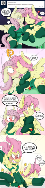 Size: 1250x5154 | Tagged: angry, artist:blackbewhite2k7, ask, butterscotch, clothes, comic, costume, crossover, derpibooru import, female, flutterbitch, flutterscotch, fluttershy, kissing, male, poison ivy, pounce, rule 63, selfcest, self ponidox, shipping, straight, suggestive, surprise kiss, tumblr, vulgar