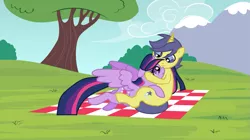 Size: 1197x668 | Tagged: safe, artist:3d4d, derpibooru import, comet tail, twilight sparkle, twilight sparkle (alicorn), alicorn, pony, cometlight, female, male, picnic blanket, shipping, straight, tree