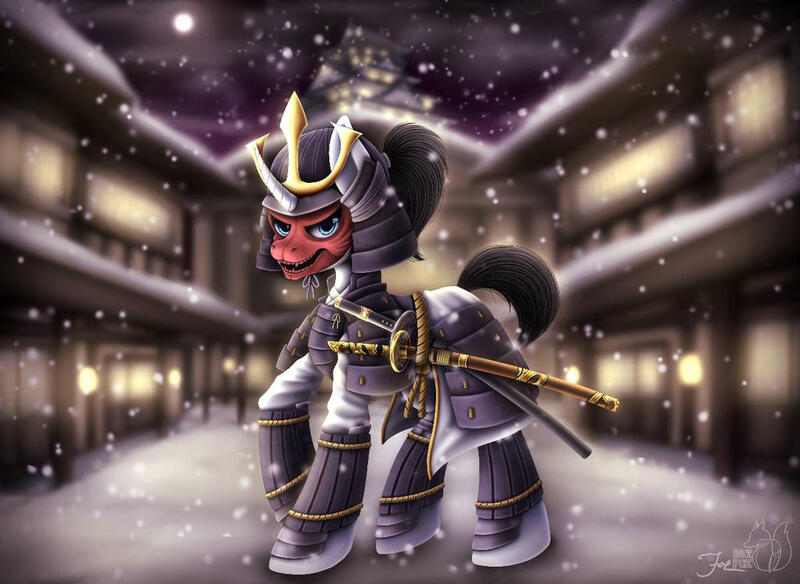 Size: 1024x747 | Tagged: safe, artist:hoodiefoxy, derpibooru import, oc, oc:shiro reisu, unofficial characters only, pony, unicorn, armor, badass, japanese, katana, samurai, scenery, sword, weapon