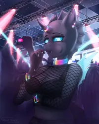 Size: 2500x3128 | Tagged: anthro, anthro oc, artist:mintjuice, bedroom eyes, bikini, bikini top, breasts, candy, changeling, changeling oc, choker, cleavage, clothes, commission, crowd, derpibooru import, ear piercing, female, food, glow rings, horn, horn ring, jewelry, lollipop, looking at you, mare, mesh, oc, oc:trill, party, piercing, rave, ring, safe, solo focus, spotlight, swimsuit, unofficial characters only, wings, ych result