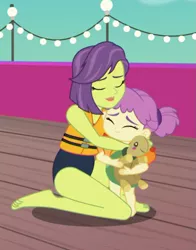 Size: 567x725 | Tagged: safe, derpibooru import, screencap, victoria, water lily (equestria girls), turtle, equestria girls, equestria girls series, spring breakdown, spoiler:eqg series (season 2), clothes, cropped, cute, daaaaaaaaaaaw, eyes closed, feet, female, hug, lifejacket, mother and child, mother and daughter, plushie, sweet dreams fuel, swimsuit, toddler