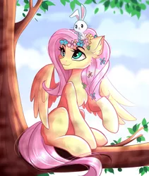 Size: 2477x2928 | Tagged: safe, artist:airiniblock, derpibooru import, angel bunny, fluttershy, pegasus, pony, anatomically incorrect, collaboration, cute, dappled sunlight, duo, female, floral head wreath, flower, head turn, human shoulders, looking up, mare, outdoors, raised hoof, rcf community, sitting, smiling, spread wings, tree, tree branch, wings