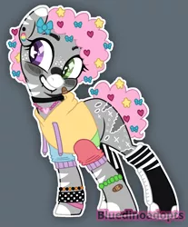 Size: 1252x1510 | Tagged: afro, artist:bluedinoadopts, bandaid, blue background, boots, bow, bracelet, choker, clothes, cute, derpibooru import, ear piercing, earring, female, freckles, grin, hair bow, hairpin, heart, heterochromia, hoodie, jewelry, mismatched socks, oc, oc:alamasi, piercing, safe, shoes, simple background, smiling, snake bites, socks, solo, starry eyes, stars, striped socks, unofficial characters only, wingding eyes, wristband, zebra, zebra oc