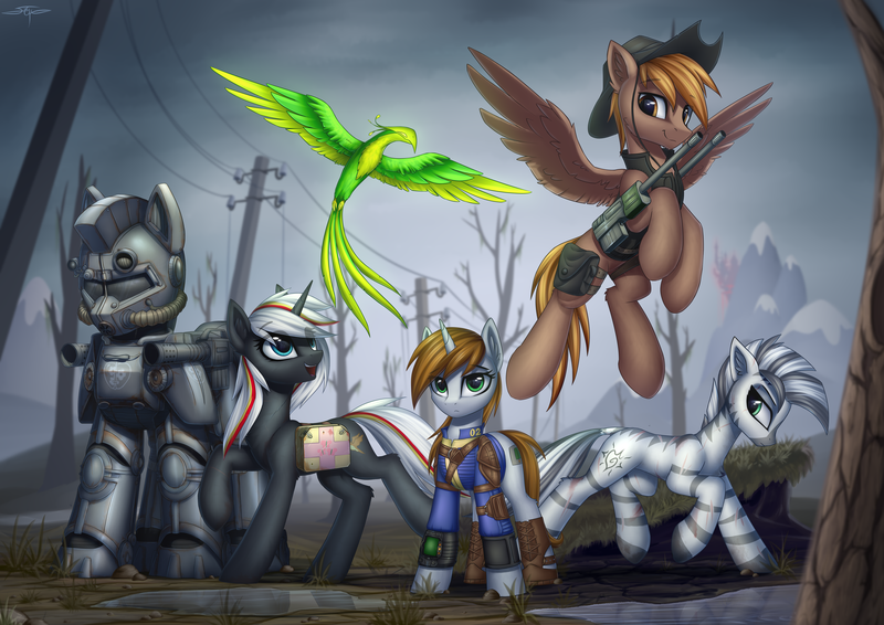 Size: 6768x4785 | Tagged: safe, artist:setharu, derpibooru import, oc, oc:calamity, oc:littlepip, oc:pyrelight, oc:steelhooves, oc:velvet remedy, oc:xenith, unofficial characters only, balefire phoenix, earth pony, ghoul, pegasus, phoenix, pony, undead, unicorn, zebra, fallout equestria, fanfic, absurd resolution, applejack's rangers, armor, bag, battle saddle, canterlot, canterlot ghoul, clothes, commander, dashite, dead tree, dock, fanfic art, female, fluttershy medical saddlebag, flying, group, gun, hat, hooves, horn, male, mare, medical saddlebag, open mouth, pipbuck, power armor, raised hoof, rifle, saddle bag, scar, smiling, spread wings, stallion, steel ranger, teeth, tree, vault suit, wall of tags, wasteland, weapon, wings, zebra oc