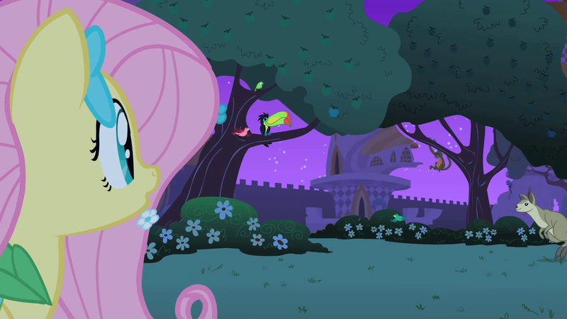 Size: 1280x720 | Tagged: safe, derpibooru import, screencap, fluttershy, bird, keel-billed toucan, monkey, pony, spider monkey, toucan, wallaby, wallaroo, the best night ever, apple, apple tree, canterlot gardens, female, mare, tree