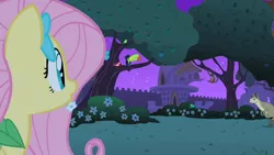 Size: 1280x720 | Tagged: safe, derpibooru import, screencap, fluttershy, bird, keel-billed toucan, monkey, pony, spider monkey, toucan, wallaby, wallaroo, the best night ever, apple, apple tree, canterlot gardens, female, mare, tree