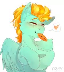 Size: 1604x1801 | Tagged: safe, artist:suplolnope, derpibooru import, lightning dust, pegasus, pony, adorable face, blushing, bust, cookie, cute, dustabetes, eating, eyes closed, female, fluffy, food, happy, heart, mare, messy mane, mouth hold, nibbling, nom, pictogram, simple background, solo, speech bubble, white background