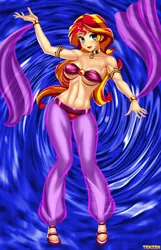 Size: 3861x6000 | Tagged: suggestive, artist:tenzen-hentai, derpibooru import, sunset shimmer, equestria girls, abstract background, anime, armlet, armpits, belly button, belly dance, belly dancer, belly dancer outfit, blue background, breasts, busty sunset shimmer, clothes, collar, commission, cutie mark, cutie mark on clothes, empty eyes, female, harem outfit, hips, hypnosis, hypnotized, jewelry, looking at you, simple background, smiling, solo, solo female, trance