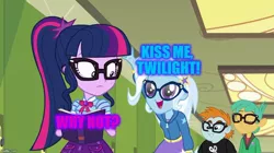 Size: 888x499 | Tagged: safe, derpibooru import, edit, edited screencap, screencap, sci-twi, snails, snips, trixie, twilight sparkle, best trends forever, equestria girls, equestria girls series, female, lesbian, meme, sci-twixie, shipping, the great and nerdy trixie, twixie