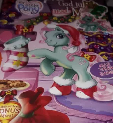 Size: 1819x1981 | Tagged: safe, derpibooru import, minty, pony, a very minty christmas, 2005, christmas, christmas tree, clothes, cookie, cover, decoration, denmark, dubs, dvd, female, food, g3, hat, heart, holiday, holiday special, mare, my little pony, photo, rearing, region 2 dvds, sack, santa hat, santa sack, socks, sticker, stockings, thigh highs, tree, used