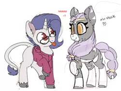 Size: 564x426 | Tagged: safe, artist:lockheart, artist:yoditax, derpibooru import, oc, oc:yodi, oc:zuri, unofficial characters only, pony, unicorn, zebra, :p, clothes, cloven hooves, explicit source, glasses, heart, heck, hoodie, leonine tail, not rarity, onomatopoeia, raspberry, raspberry noise, tongue out