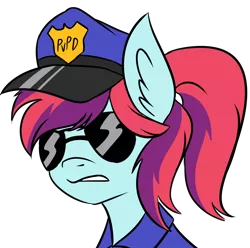 Size: 1328x1316 | Tagged: safe, artist:exvius, derpibooru import, oc, oc:taffy swirl, pony, bust, ear fluff, police officer, police uniform, simple background, sunglasses, transparent background