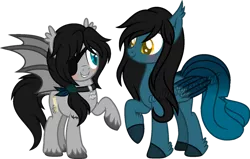 Size: 800x509 | Tagged: safe, artist:t-aroutachiikun, derpibooru import, oc, oc:mystic flare, oc:walpurgis nacht, unofficial characters only, bat pony, pegasus, pony, bat pony oc, bat wings, eyepatch, male, mane swap, raised hoof, simple background, slit eyes, stallion, transparent background, unshorn fetlocks, wings