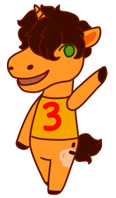 Size: 165x280 | Tagged: safe, artist:guidomista, artist:miiistaaa, artist:nijimillions, derpibooru import, oc, oc:triple shot, unofficial characters only, anthro, unicorn, acnl, animal crossing, animal crossing: new leaf, brown hair, brown mane, brunett, brunette, chibi, clothes, commissions open, curls, curly hair, curly mane, food, green eyes, hooves, horn, orange, ponysona, simple, simplified, smiling, solo, style emulation, waving