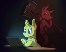 Size: 2500x2000 | Tagged: safe, artist:klarapl, derpibooru import, oc, unofficial characters only, pony, unicorn, anticipation, bald, computer, cute, dramatic lighting, female, grin, hammer, laptop computer, life, looking at someone, looking at something, male, mare, markings, metaphor, oblivious, ponysona, reality sucks, relatable, school, simple background, sitting, smiling, stallion, standing, yellow eyes