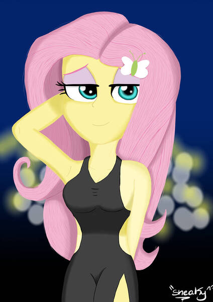 Size: 751x1063 | Tagged: safe, artist:sneakycsgo, derpibooru import, fluttershy, bat pony, equestria girls, armpits, breasts, busty fluttershy, clothes, dress, eyeshadow, female, flutterbat, hair, hairpin, little black dress, makeup, pink hair, race swap, solo