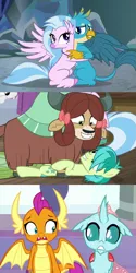 Size: 679x1359 | Tagged: safe, derpibooru import, screencap, gallus, ocellus, sandbar, silverstream, smolder, sweetie belle, yona, changedling, changeling, classical hippogriff, dragon, earth pony, gryphon, hippogriff, pony, yak, school raze, what lies beneath, bow, cave, cloven hooves, colored hooves, cute, diaocelles, diastreamies, dragoness, duo, duo focus, female, gallabetes, glomp, hair bow, hilarious in hindsight, hug, implied gallstream, implied lesbian, implied smolcellus, implied straight, implied yonabar, jewelry, looking at each other, male, monkey swings, necklace, nervous, nightmare cave, not sure if want, sandabetes, shipping denied, shipping fuel, smiling, smolderbetes, student six, teenager, yonadorable