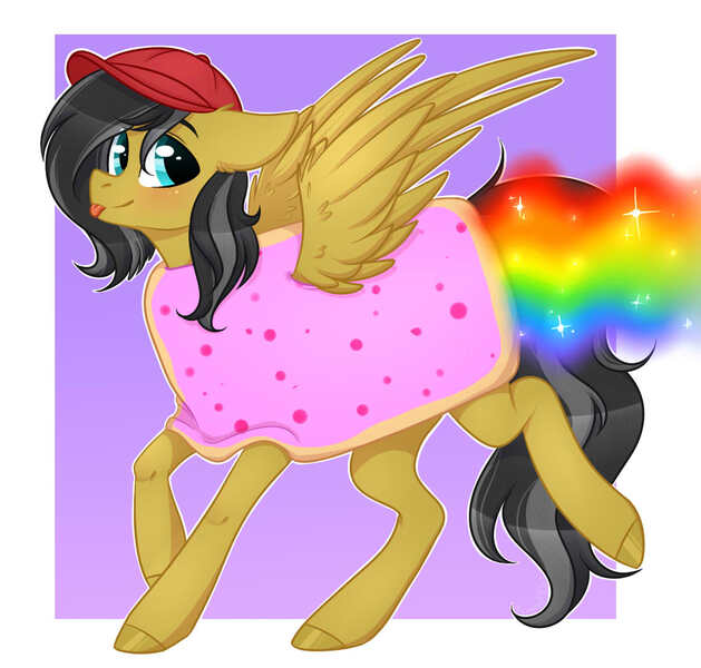 Size: 1100x1050 | Tagged: safe, artist:kannakiller, derpibooru import, oc, unofficial characters only, pegasus, pony, cap, colored hooves, commission, food, hat, nyan cat, pegasus oc, poptart, solo, tongue out, wings, ych result