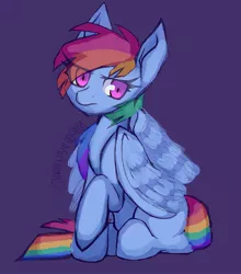 Size: 1655x1879 | Tagged: safe, artist:prplepsychopath, derpibooru import, rainbow dash, pegasus, pony, eye clipping through hair, female, mare, missing cutie mark, purple background, simple background, sitting, solo