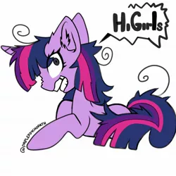 Size: 2048x2048 | Tagged: safe, artist:prplepsychopath, derpibooru import, twilight sparkle, pony, unicorn, lesson zero, dialogue, ear fluff, eye clipping through hair, hi girls, insanity, prone, simple background, solo, speech bubble, twilight snapple, unicorn twilight, white background