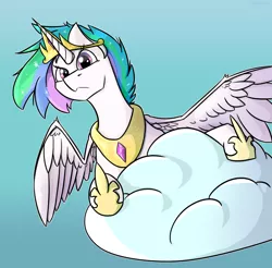 Size: 1444x1420 | Tagged: safe, artist:fuzzypones, derpibooru import, princess celestia, pony, alternate hairstyle, cloud, frown, furrowed brow, on a cloud, peeking, realistic wings, simple background, sitting, sitting on cloud, sky, solo, wings