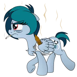 Size: 2500x2500 | Tagged: safe, artist:pananovich, derpibooru import, oc, oc:delta vee, unofficial characters only, pegasus, pony, alcohol, beer, beer bottle, cigarette, clothes, female, grumpy, shirt, solo, stink lines, walking