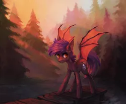 Size: 2286x1887 | Tagged: safe, artist:koviry, derpibooru import, oc, oc:dawn sentry, unofficial characters only, bat pony, pony, bat pony oc, bat wings, crepuscular rays, female, forest, pier, solo, tree, water, wings