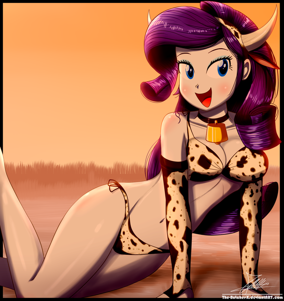 Size: 1360x1440 | Tagged: suggestive, artist:the-butch-x, derpibooru import, rarity, cow, equestria girls, bell, bikini, breasts, bull horns, busty rarity, cleavage, clothes, cowbell, cowprint, evening gloves, female, gloves, long gloves, looking at you, open mouth, raricow, signature, solo, solo female, species swap, stupid sexy rarity, swimsuit